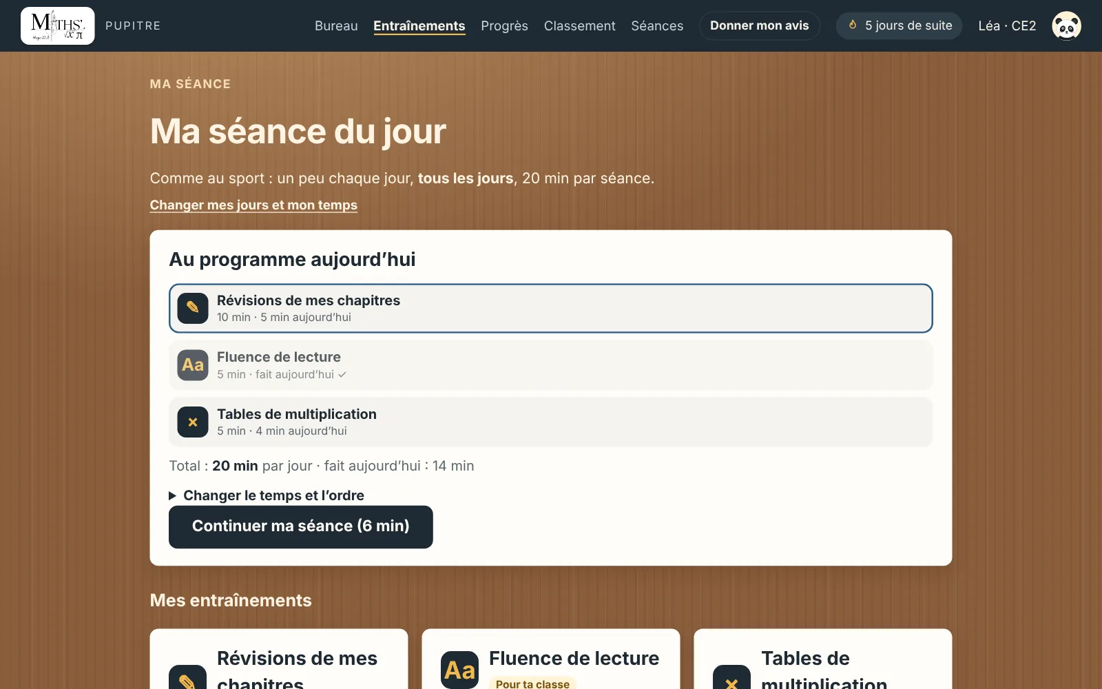 La page Entraînements du pupitre : « Mon entraînement du jour » avec ses modules, le temps de chacun, le total et le bouton pour commencer