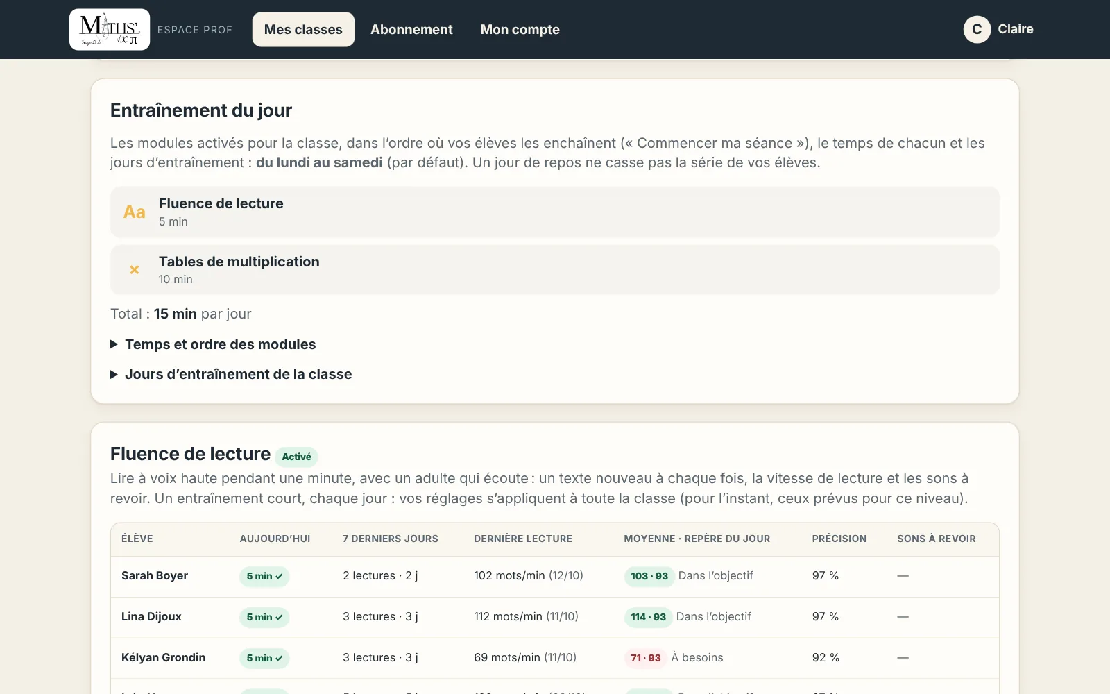 L’onglet Entraînements d’une classe : l’entraînement du jour (fluence 5 min, tables 10 min) et le tableau de lecture de chaque élève, avec sa vitesse et le repère du jour
